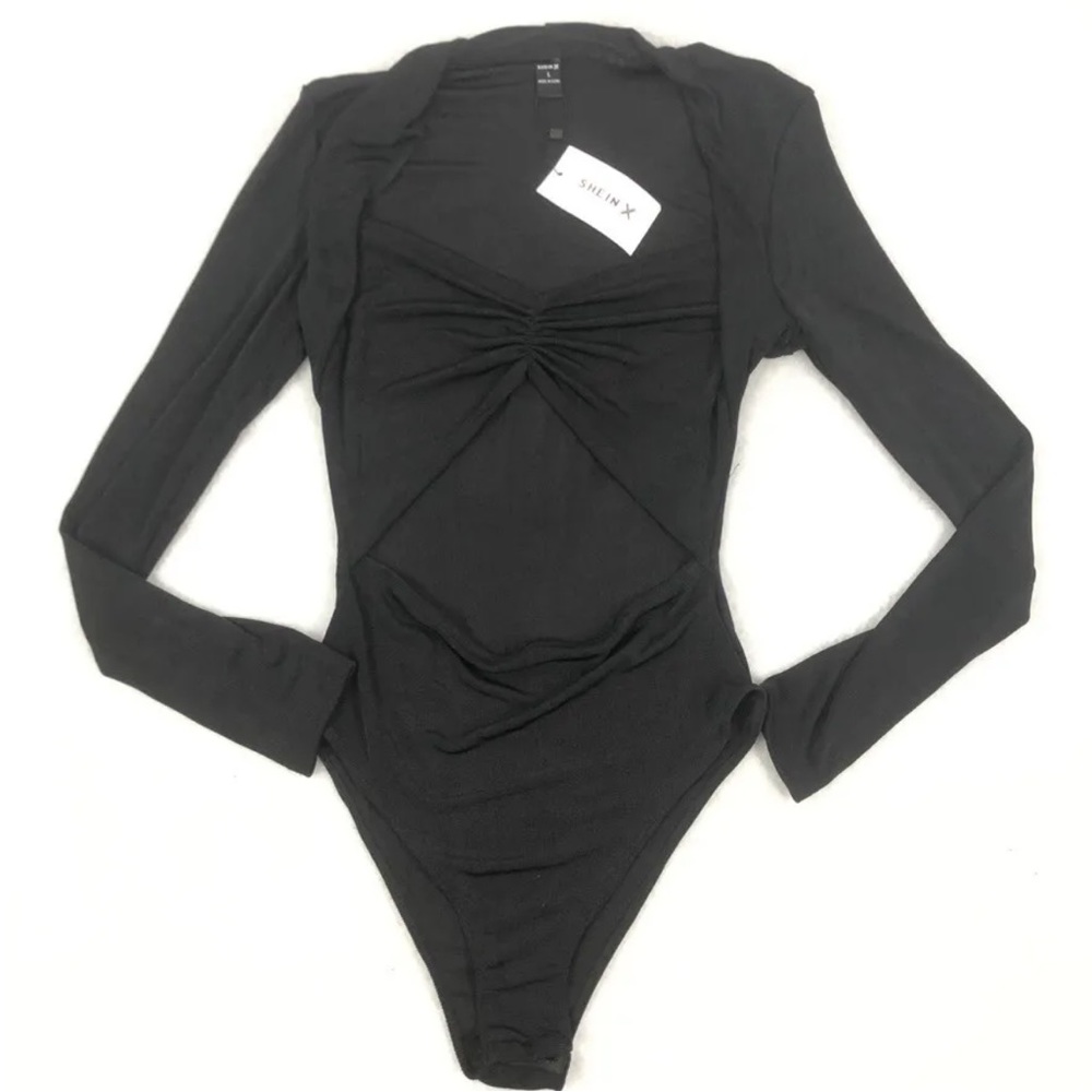 Shein X Blouse Women Large Black Slinky Bodysuit Sweetheart Neck Cut Out NWT